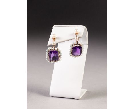 PAIR OF 9ct GOLD, AMETHYST AND PEARL DROP EARRINGS, each claw set with an oblong amethyst with surround of seed pearls, two p