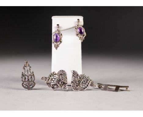 A DELICATE SILVER AND MARCASITE OPENWORK PENDANT,T 1 1/4" HIGH; pair of silver, marcasite and cabochon amethyst coloured ston