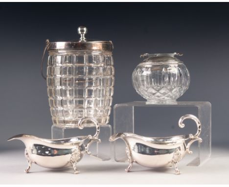 FOUR PIECES OF ELECTROPLATE, comprising: MOULDED GLASS SWING HANDLED BISCUIT BARREL, PAIR OF GEORGIAN STYLE SAUCE BOATS, and 