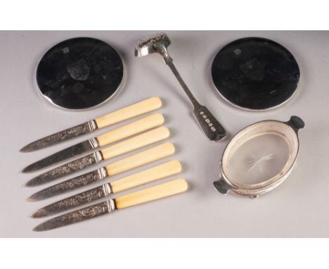 VICTORIAN SILVER SUGAR SIFTER SPOON, Birmingham 1876, together with a SET OF SIX SILVER BONE HANDLED FRUIT KNIVES, Sheffield 
