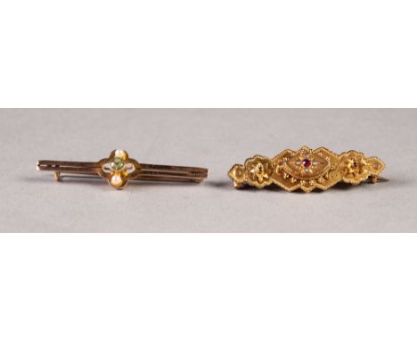 VICTORIAN 9ct GOLD FANCY WING SHAPED BROOCH, the raised lozenge shaped centre set with a tiny ruby and four seed pearls, Birm