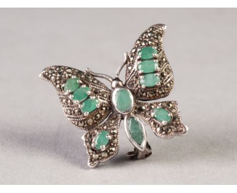 ATTRACTIVE VINTAGE SILVER, MARCASITE AND CHALCEDONY BUTTERFLY BROOCH, 1 1/2" wide 