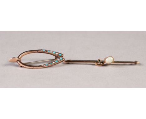 EDWARDIAN 9ct GOLD 'WISHBONE' BROOCH, set with graduated turquoise, 1 1/2" long, Chester 1902, 2.7gms and a 9ct GOLD BAR BROO