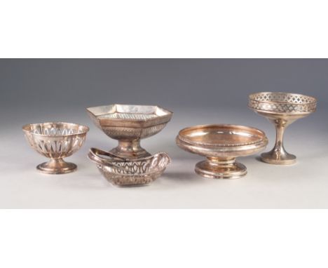 FIVE EDWARD VII AND LATER SILVER BON BON DISHES, comprising: FOUR OF PEDESTAL FORM, Sheffield 1916 (Walker &amp; Hall), Birmi