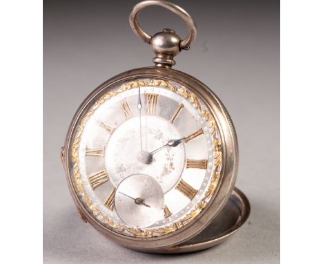 NINETEENTH CENTURY OPEN FACED POCKET WATCH, with keywind movement, engraved and engine turned silver dial with raised and gil