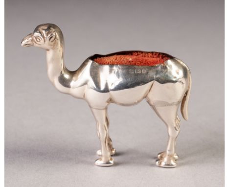 EDWARDIAN SILVER PIN CUSHION MODELLED AS A CAMEL, 2" high, 2 1/2" long, Birmingham 1906 