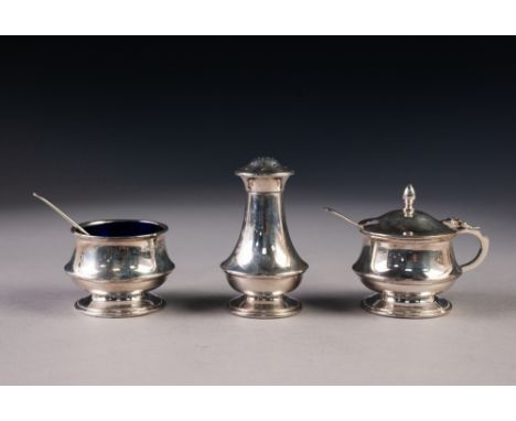 CASED SILVER THREE PIECE CONDIMENT SET, Birmingham 1947 and 1955