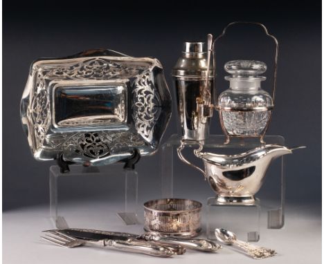 ELECTROPLATE SAUCE BOAT with associated ladle, a COCKTAIL SHALER,  a wine bottle COASTER, TEASPOONS, a pair of plated FISH SE