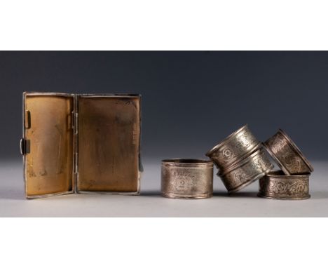 EDWARD VII SET OF FOUR SCROLL ENGRAVED SILVER NAPKIN RINGS, Birmingham 1903, together with ANOTHER, Sheffield 1875, and an EN