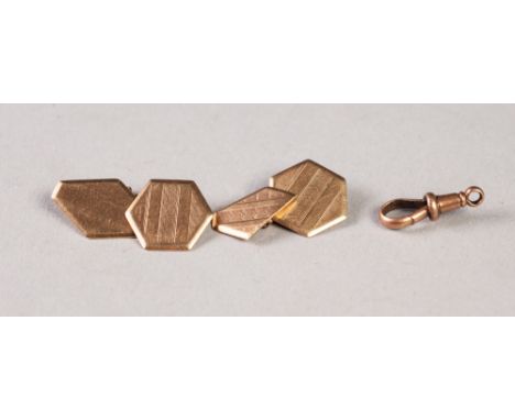 PAIR OF 9ct GOLD DOUBLE CUFF LINKS, one side hexagonal, the other diamond form and engine turned (part cut away) and a 9ct GO