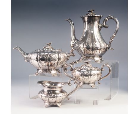 MODERN SILVER FOUR PIECE ENGRAVED SILVER TEA AND COFFEE SET IN THE GEORGIAN STYLE, of lobated form with cast flower head knop