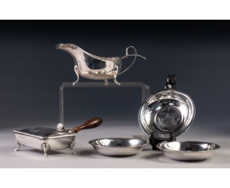 IMMEDIATE POST-WAR SILVER SAUCE BOAT with ladle, Sheffield 1948, together with a SILVER, WOODEN HANDLED ASHTRAY with hinged c