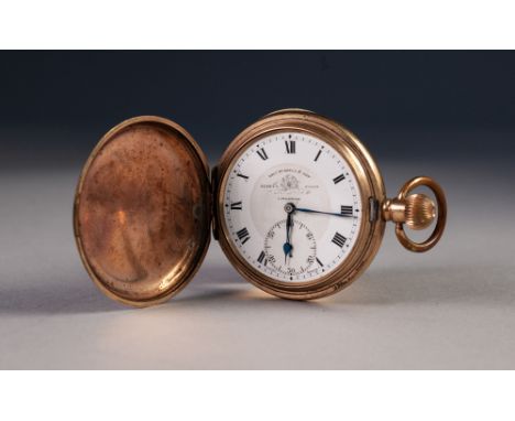 THOMAS RUSSELL &amp; SON, LIVERPOOL, ROLLED GOLD HUNTER POCKET WATCH with keyless Swiss movement, white roman dial with subsi