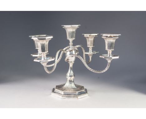 GOOD ELECTROPLATED FIVE LIGHT CANDELABRUM, with fluted sconces and octagonal drip pans on four rope twist pattern scroll arms