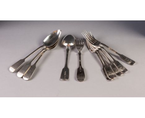 SET OF SIX EARLY VICTORIAN SILVER FIDDLE PATTERN TABLE FORKS, crested beneath cursive initials C.C.R. by Elizabeth Eaton, Lon