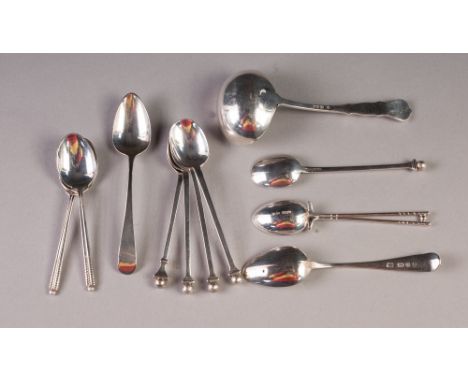 PRE-WAR SILVER SAUCE LADLE, London 1933, together with EIGHT VARIOUS GOLFING SILVER TEASPOONS and a pair of George III SILVER