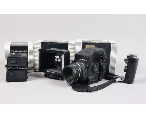 A Zenza Bronica ETRS Camera, serial no 7121092, shutter working, body G, light wear, with Zenzanon E II 75mm f/2.8 lens, seri