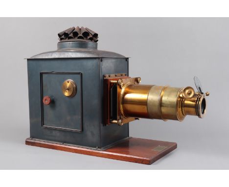 An early 20th Century Wrench Triple-Extension Russian Iron and Brass Magic Lantern,  with 9¾in lens, G, some corrosion, lacks