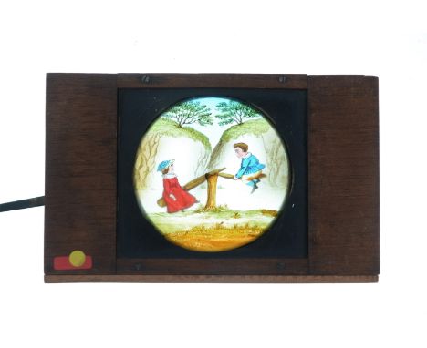 Mahogany-Mounted Magic Lantern Slides,  brass lever-action slides - radial action - Carpenter &amp; Westley monkey drinking w
