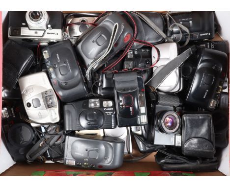 A Tray of Canon Compact Film Cameras, comprising 30 approx examples, models include Sure Shot AF-7s, Canomatic C 30, Ixus Z90