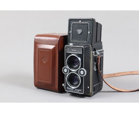 A Rollei Magic TLR Camera, serial no 2511606, body VG, Prontormat-S shutter fires on auto, flash and B, meter reacts to light