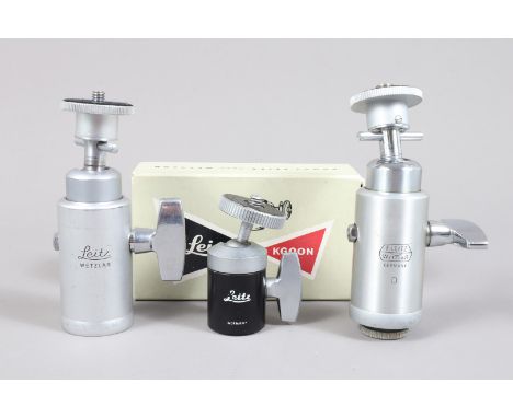 Three Leitz Ball &amp; Socket Tripod Heads, a 14119 head and two KGOON model D heads, one in maker's box, G, VAT at 20% will 