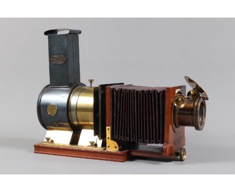 A Butcher &amp; Son 'Primus Gas Lantern' Mahogany and Brass Magic Lantern,  with cylindrical body and bellows, VG, lacks illu