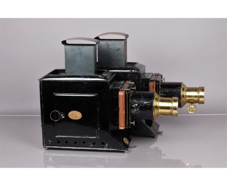 A 19th Century pair of Newton &amp; Co Black-Painted Tinplate and Brass Phantasmagoria Dissolving Lanterns, with oval embosse