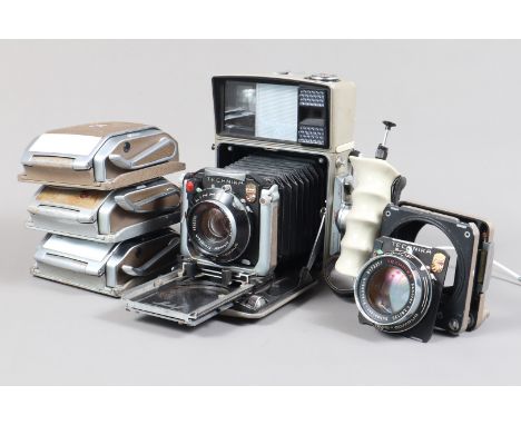 A Linhof Technika 70 Technical Camera, format 56 x 72mm, serial no 91080, body F, Synchro-Compur shutter working, metre not w