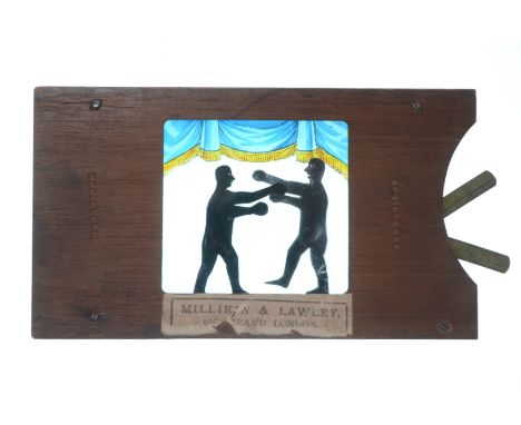 Mahogany-Mounted Magic Lantern Slides,  silhouette metal mechanical action slides - dentist performing extraction, restored (