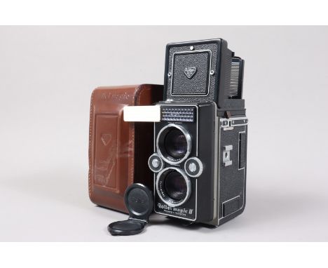 A Rollei Magic II TLR Camera, serial no 2543031, shutter working, meter responsive, body G-VG, light wear, with 75mm f/3.5 Xe