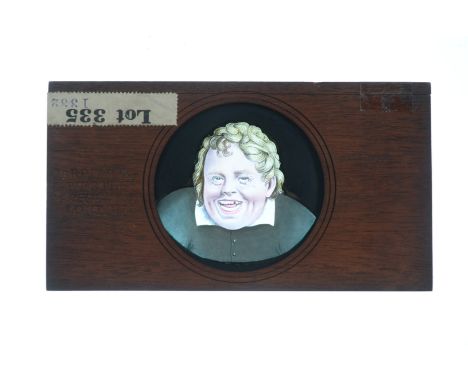 Mahogany-Mounted Magic Lantern Slides,  various -  Carpenter &amp; Westley hand-painted - slipping slide of Harlequin in bott