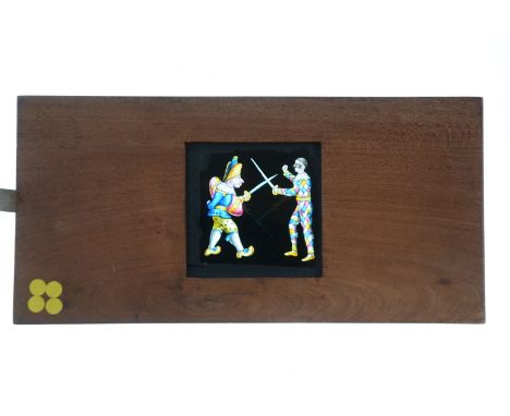 Mahogany-Mounted Magic Lantern Slides,  various - roller-blind snowfall slide, mount reinforced (1), Yeates &amp; Son brass-h