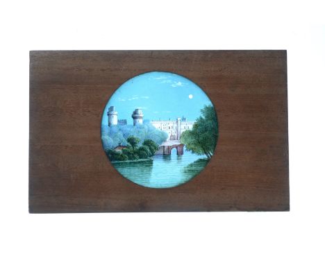 Mahogany-Mounted Magic Lantern Slides,  hand-coloured topographical static slides - including Ireland, Warwick Castle, Malmes