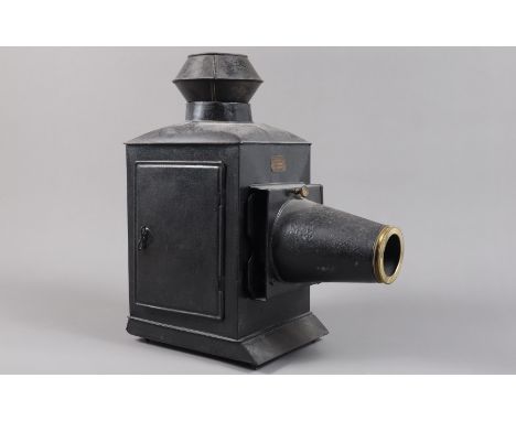 A mid-19th Century Carpenter &amp; Westley Black-Painted Tinplate and Brass Magic Lantern,  embossed brass plate to front 'Ca