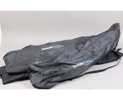 Studio Equipment, three Broncolor 112AC light stands, two with casters, three Broncolor Pulsoflex 57'' x 57'' soft boxes, a B