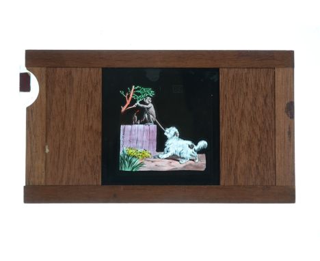 Mahogany-Mounted Magic Lantern Slides,  hand-coloured comic slipping slides, single slipping glass, assymetrical-tab (28) and