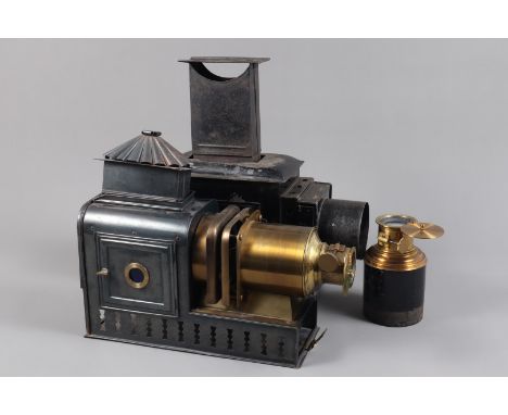 Walter Tyler Magic Lanterns,  black-painted tinned iron and brass, with four-wick illuminant, back altered, in wooden case wi