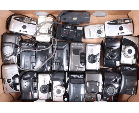 A Tray of Olympus Compact Film Cameras, comprising 22 examples, models include Trip MD, Superzoom 120TC, Superzoom 800S, Trip