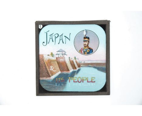 3¼in sq Magic Lantern Slides,  overseas topographical - 'Japan Its People', chromolitho, Nos 1 - 24, 3¼in x 4in Chinese custo
