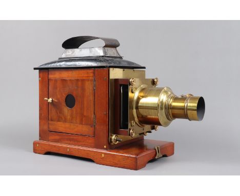 A late 19th Century Mahogany and Brass Magic Lantern,  with slot at back only for limelight illuminant, black-painted tinplat