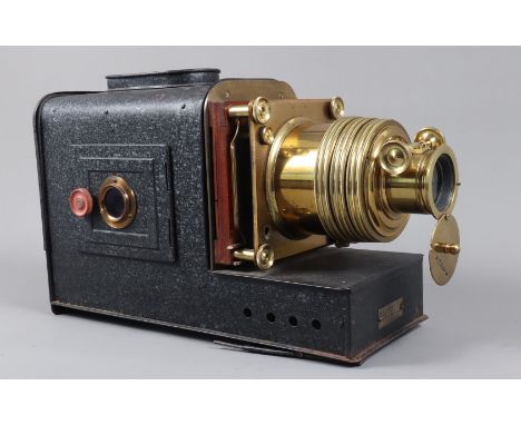 An early 20th Century Black-Crackle Finish and Brass W C Hughes Triple-Extension Magic Lantern,  G, lacks electrical illumina