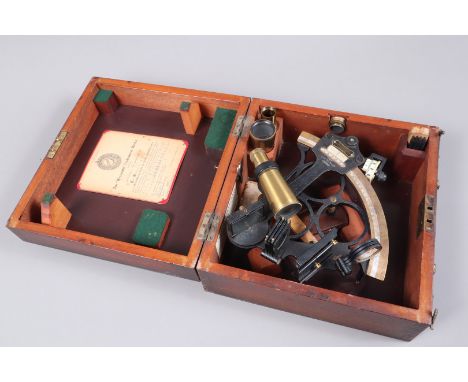 A Heath &amp; Co London "Hezzanith" Sextant, crackle finish, brass telescope and arc rack, with fitted wooden case, a second 