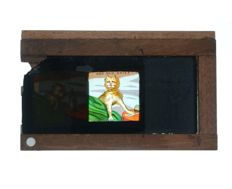 Mahogany-Mounted Magic Lantern Slides,  chromolitho comic slipping slide, single slipping glass (20) photographic (1), F-G, a