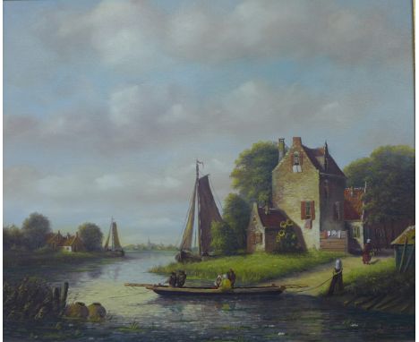 G.J.A. Van Reede, Dutch river landscape with figures on a boat, oil on canvas, 48 x 59cms, framed