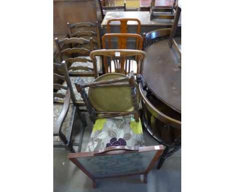 An Edward VII inlaid mahogany chair, a pair of mahogany chairs, embroidered firescreen and a brass topped folding occasional 