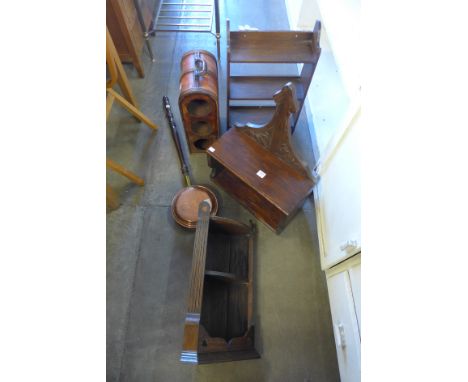 A carved beech spinning chair, Chinese wine carrier, copper warming pan, oak wall shelf and one other