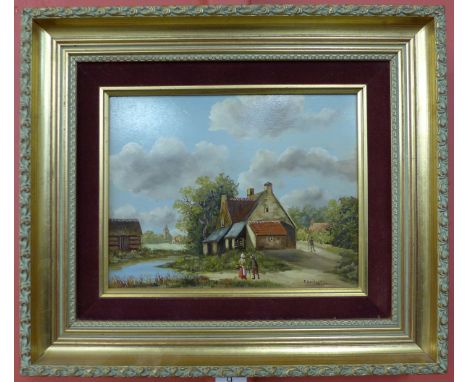 P. Guillaume, rural landscape with figures on a path, oil on board, 18 x 24cms, framed