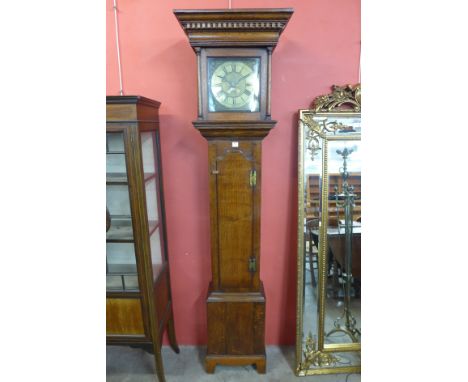 An oak longcase clock, with brass 10 inch square dial and 30 hour movement, the bell stamped H.F. &amp; Co.