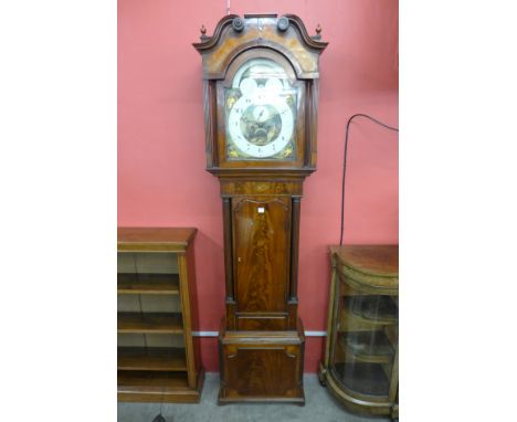 A George III inlaid mahogany 8-day longcase clock, the 14 inch arched dial with moonphase rolling dial and painted with Highl
